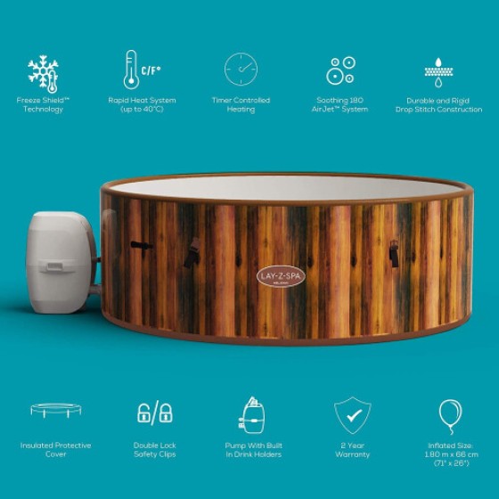 Lay-Z-Spa ヘルシンキ温水浴槽、木目調インフレータブルスパプール、防氷保護カバー付き